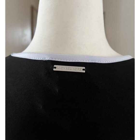 EUC Michael Kors Black Knee Length Dress with Bell Sleeves White piping accent - Picture 3 of 8